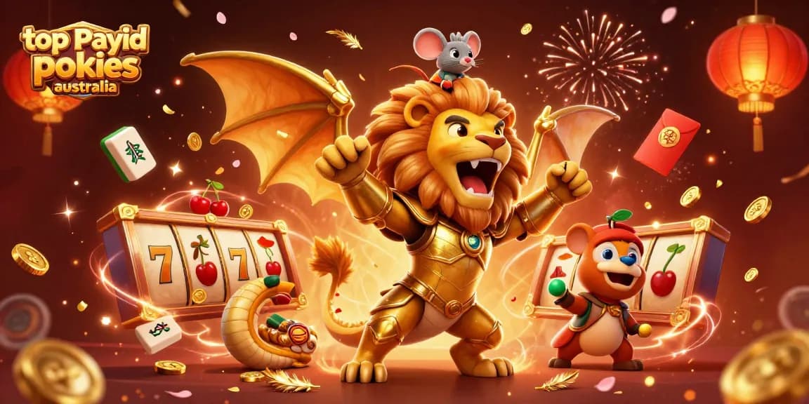 Explore top payid pokies Australia with vibrant, dynamic 3D casino scene featuring lucky symbols and festive elements.