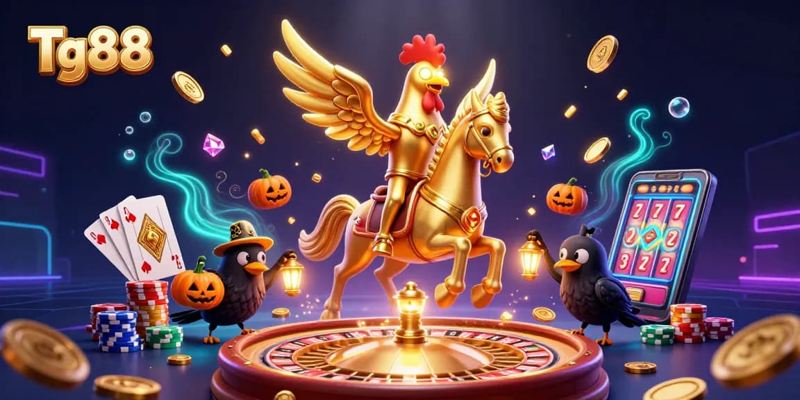 Tg88 showcases a vibrant golden rooster riding a spectral horse in a dazzling casino scene.