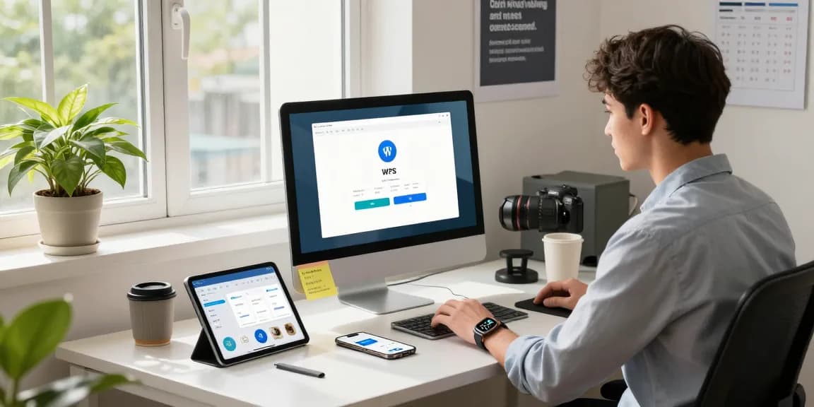 WPS Download in a modern office workspace with a professional downloading productivity software on a sleek desktop.