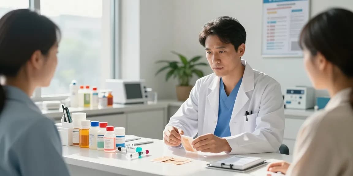 Medical supplies displayed on a countertop in a modern clinic with a healthcare professional consulting a patient.
