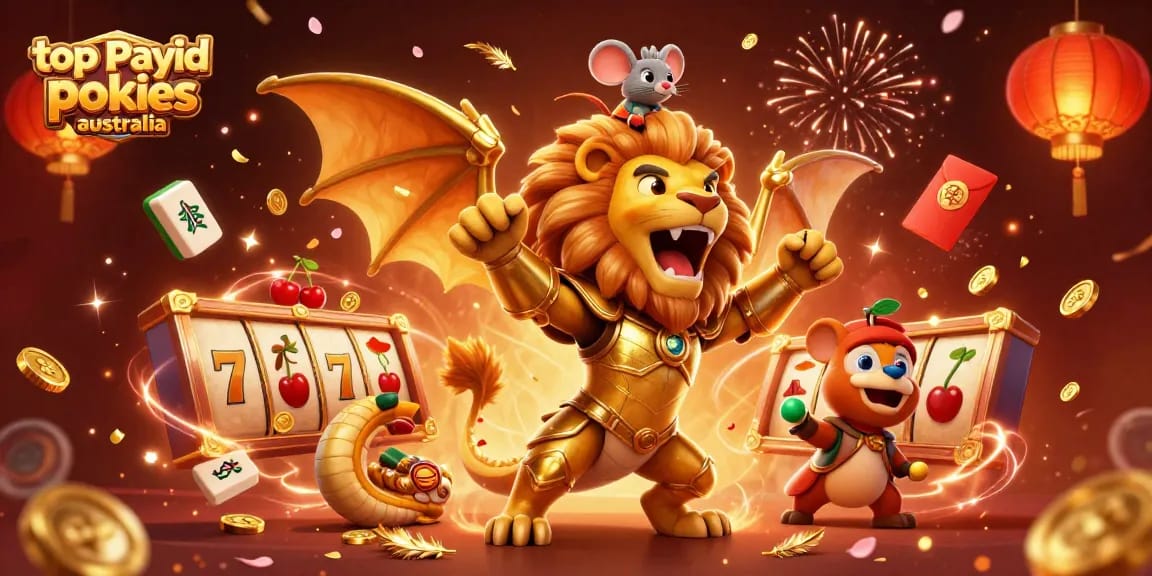 Explore top payid pokies Australia with vibrant, dynamic 3D casino scene featuring lucky symbols and festive elements.