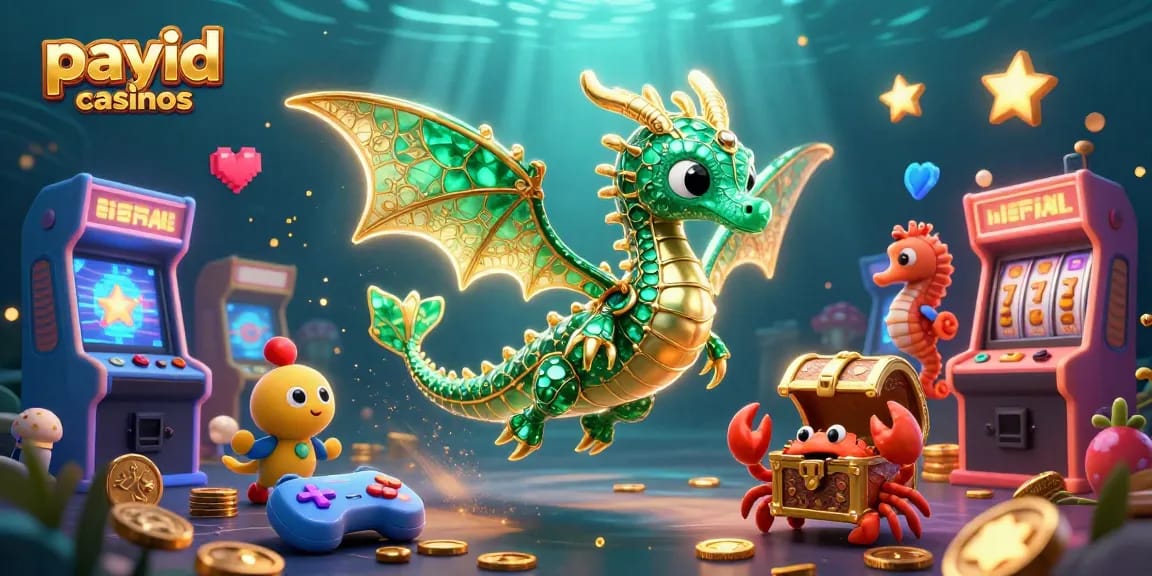 Engage with payid casinos featuring a 3D emerald sea dragon and treasure in a vibrant casino-themed scene.