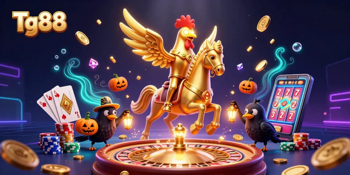 Tg88 showcases a vibrant golden rooster riding a spectral horse in a dazzling casino scene.