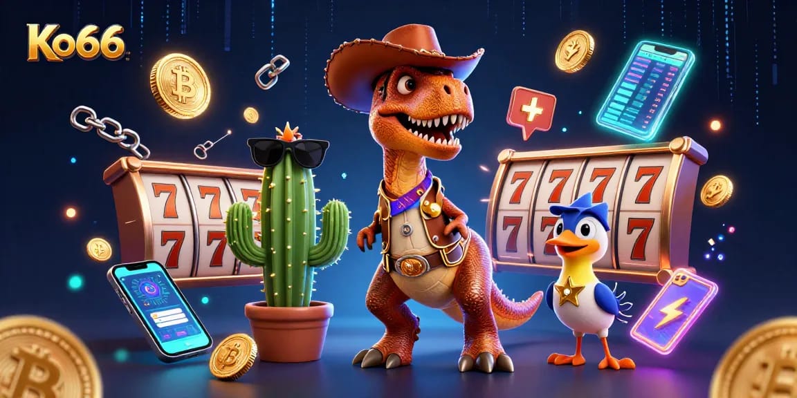Engage with thrilling gameplay at Ko66, featuring a T-Rex cowboy and vibrant slot elements in action.