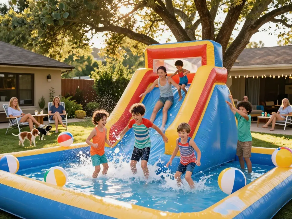 Kids enjoying a water slide inflatable in a vibrant summer backyard party.