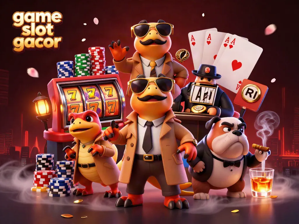 Experience the thrill of game slot gacor with lively raptors in a casino scene.
