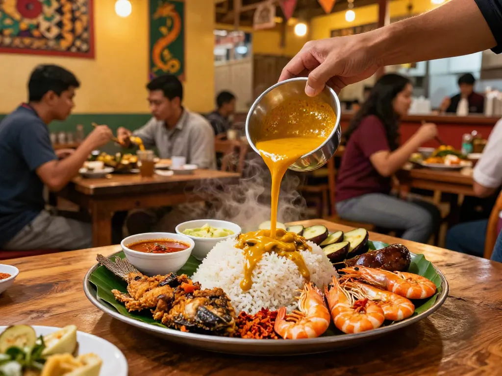 Nasi Kandar at Rokok88: Chef serving vibrant curry dishes with rice, delicious Malaysian flavors in a lively setting.
