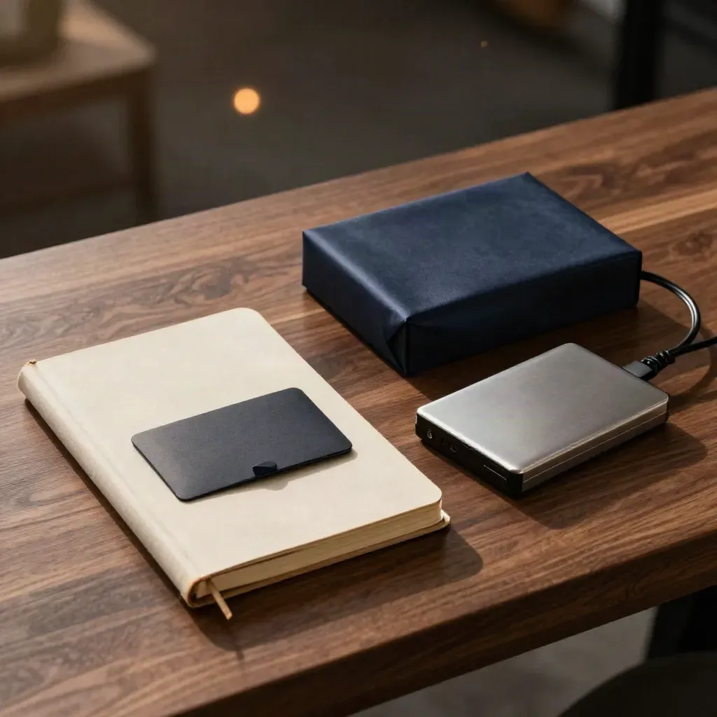 Notebook, business card sleeve, prototype box and hard drive on a walnut bench in dramatic studio light.