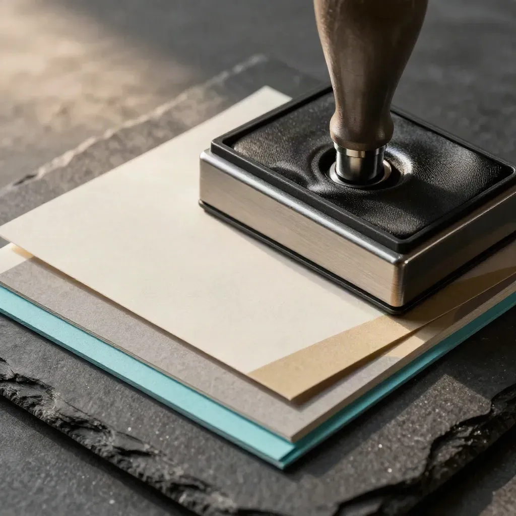 Macro of proof sheets, swatches, stamp pad and paperweight on slate stone.