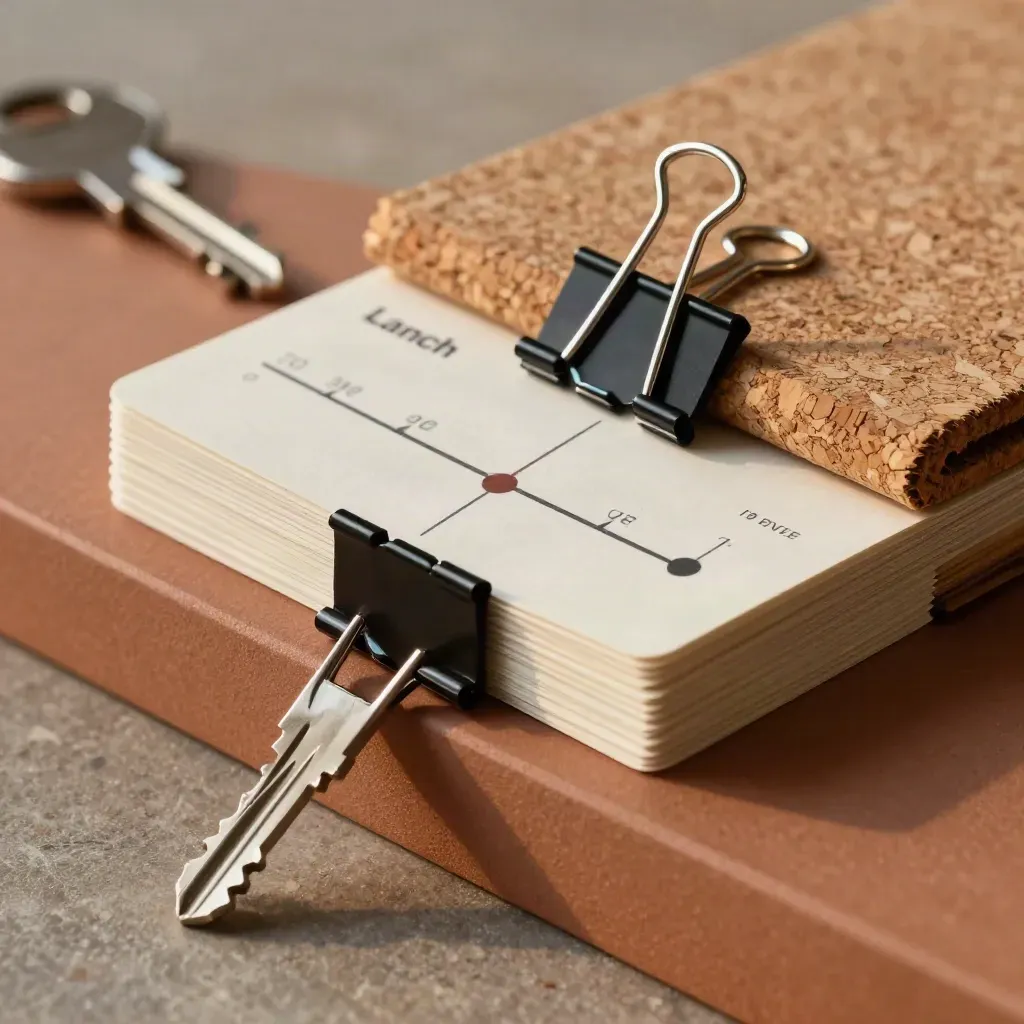 Macro still life of clipped timeline cards, binder clips, cork board edge and steel key ring on clay ledge