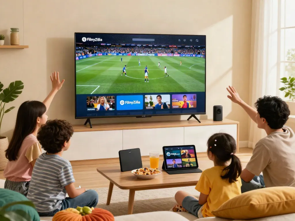 Family enjoying sports and movies using FilmyZilla at home.