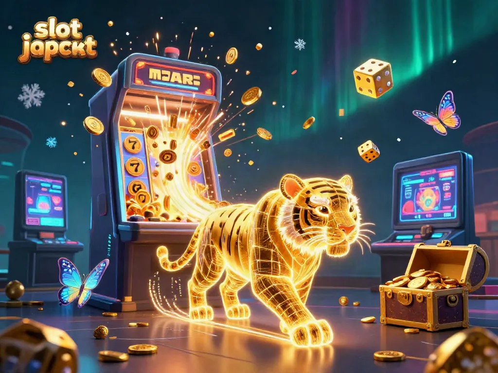 Experience the thrill of the slot jackpot with a neon-wireframe tiger in a digital casino landscape.