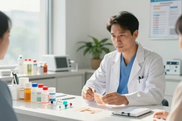Medical supplies displayed on a countertop in a modern clinic with a healthcare professional consulting a patient.